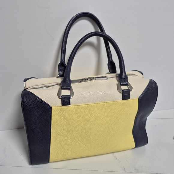 Charming Charlie Yellow, Cream, and Navy Blue Multipocket Tote Satchel Handbag - Picture 1 of 16